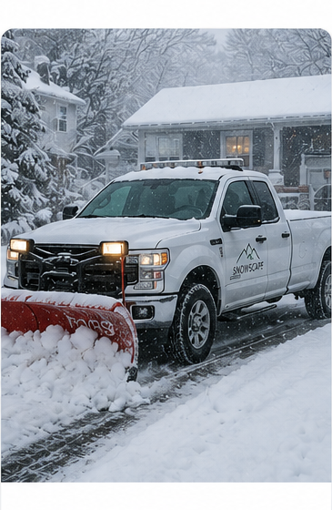 Snowplow truck clearing a paved road with snow moving off the blade